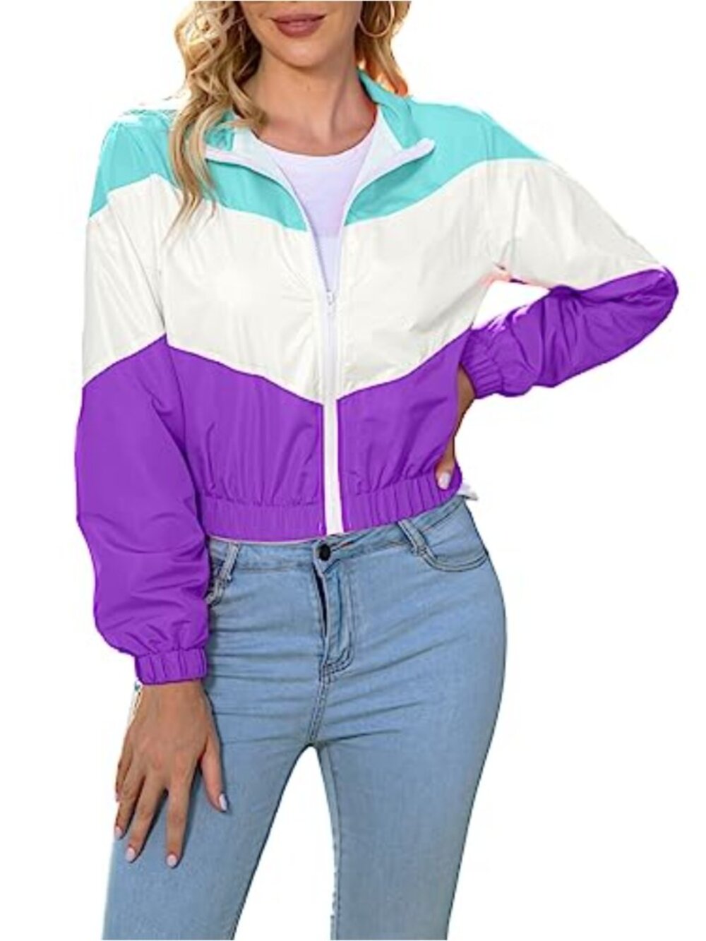 Lightweight Polyester Windbreaker Sport Jacket Zip Up Color Block Coat Long